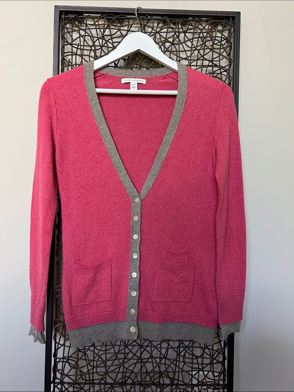 Banana Republic Cashmere Wool Bl Cardigan Sweater Varsity Style Pink Grey SP